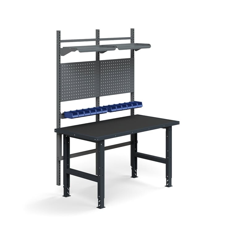 Dílenský stůl TRUST, panely na nářadí, plastové boxy, police, 1500x760 mm, s ochrannou podložkou