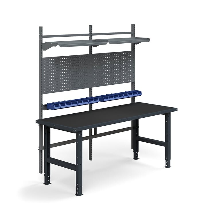 Dílenský stůl TRUST, panely na nářadí, plastové boxy, police, 2000x760 mm, s ochrannou podložkou