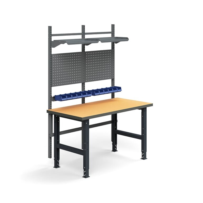 Dílenský stůl TRUST, panely na nářadí, plastové boxy, police, 1500x760 mm, tvrzená deska