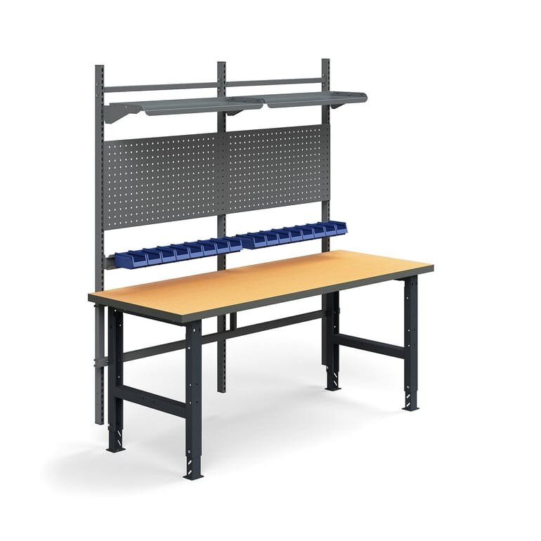 Dílenský stůl TRUST, panely na nářadí, plastové boxy, police, 2000x760 mm, tvrzená deska