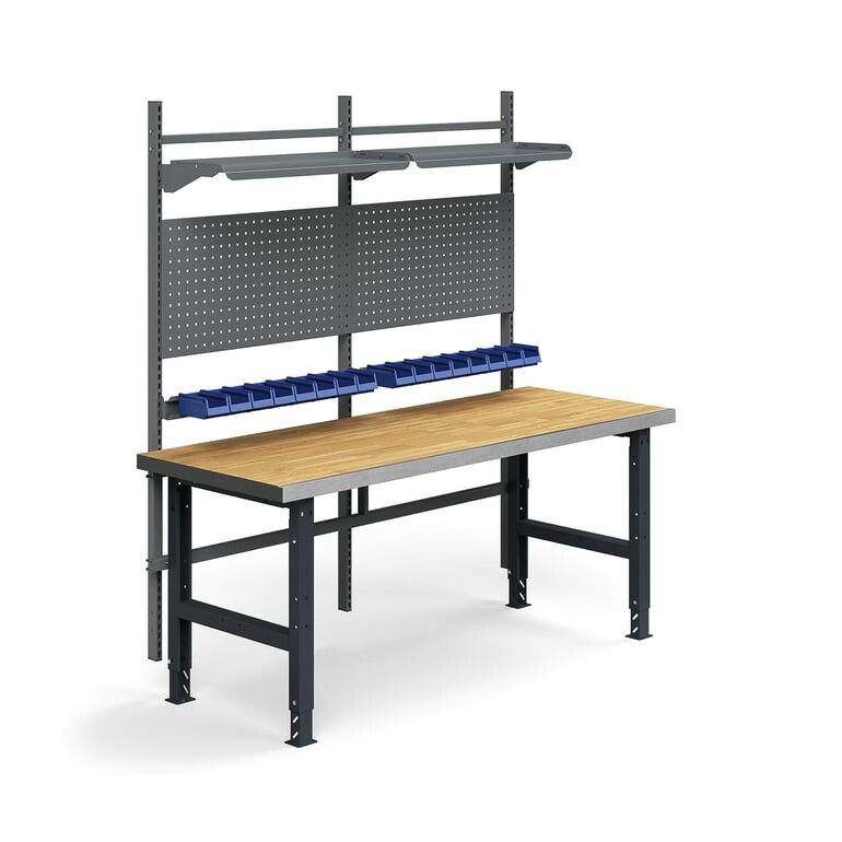 Dílenský stůl TRUST, panely na nářadí, plastové boxy, police, 2000x760 mm, povrch z dubového dřeva