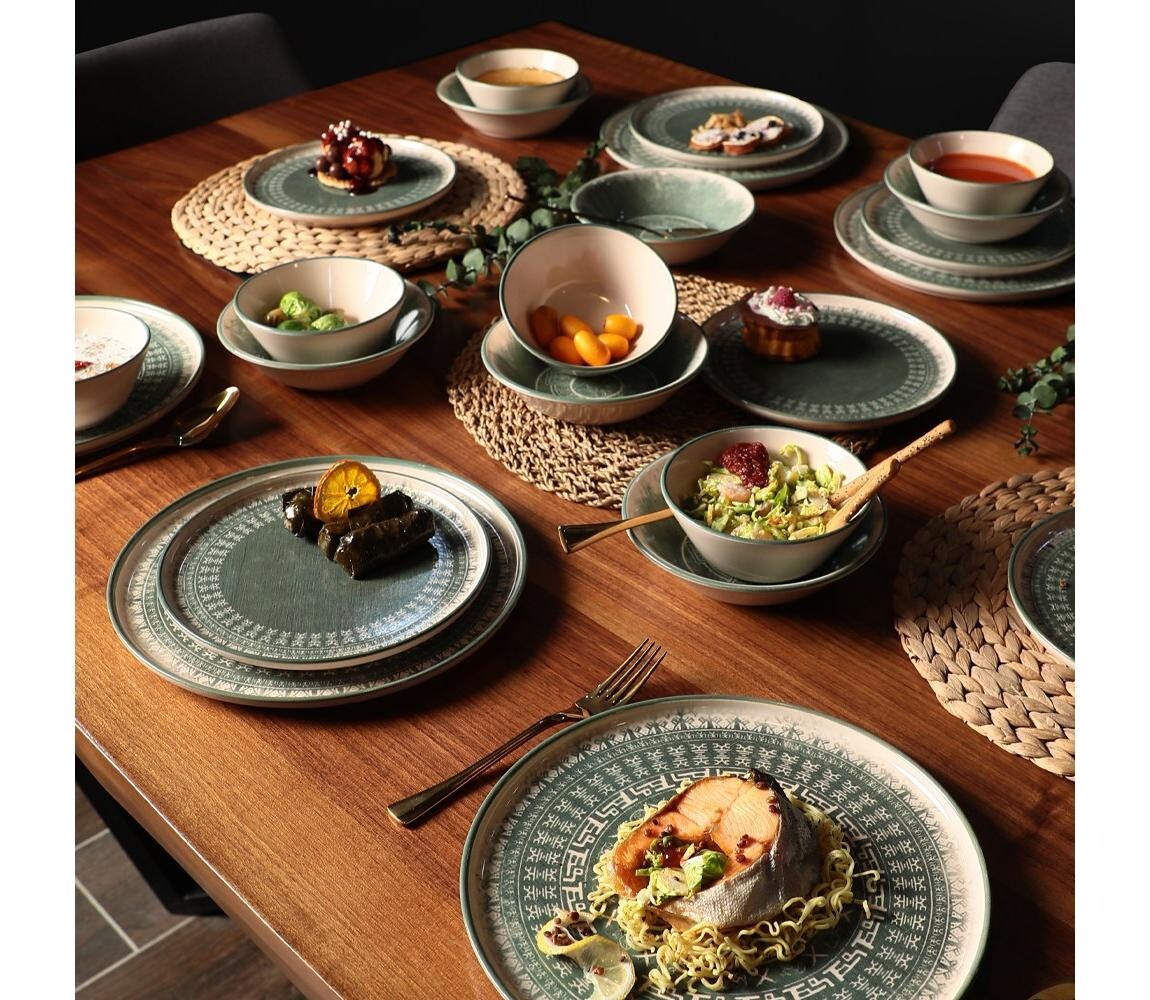 Jídelní sada 24 ks béžová/zelená/kamenina 275KRM1758