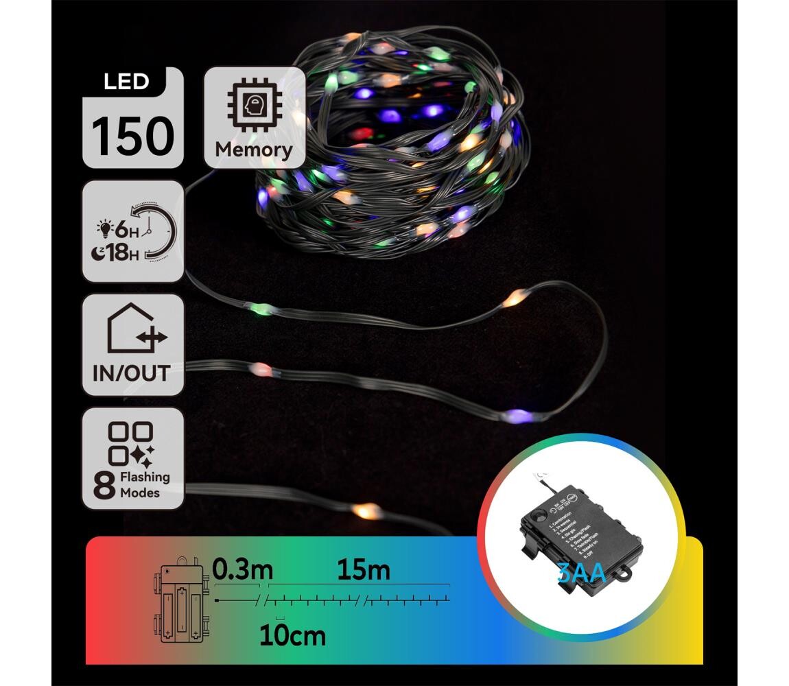 B.V.  -LED Venkovní vánoční řetěz 150xLED/8 funkcí 3xAA 15,3m IP44 multicolor B10303K1Q
