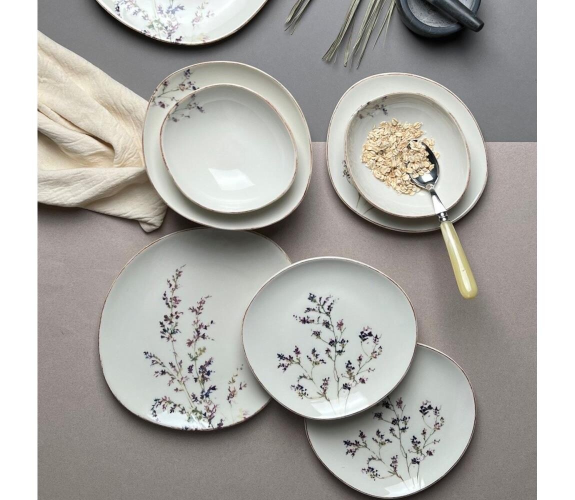 Jídelní sada 12 ks bílá/fialová/porcelán 311MBL1113