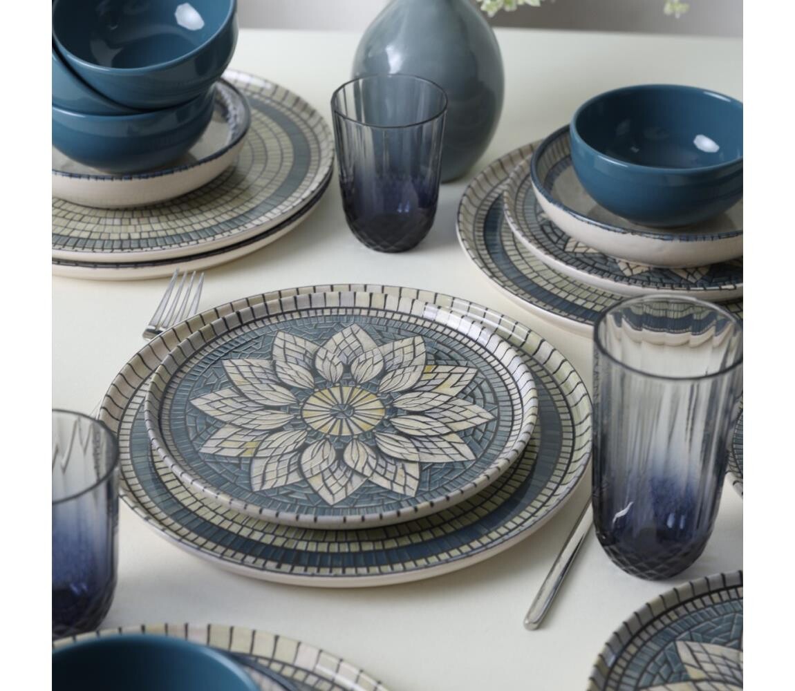 Jídelní sada 24 ks modrá/krémová/kamenina 275KRM2340