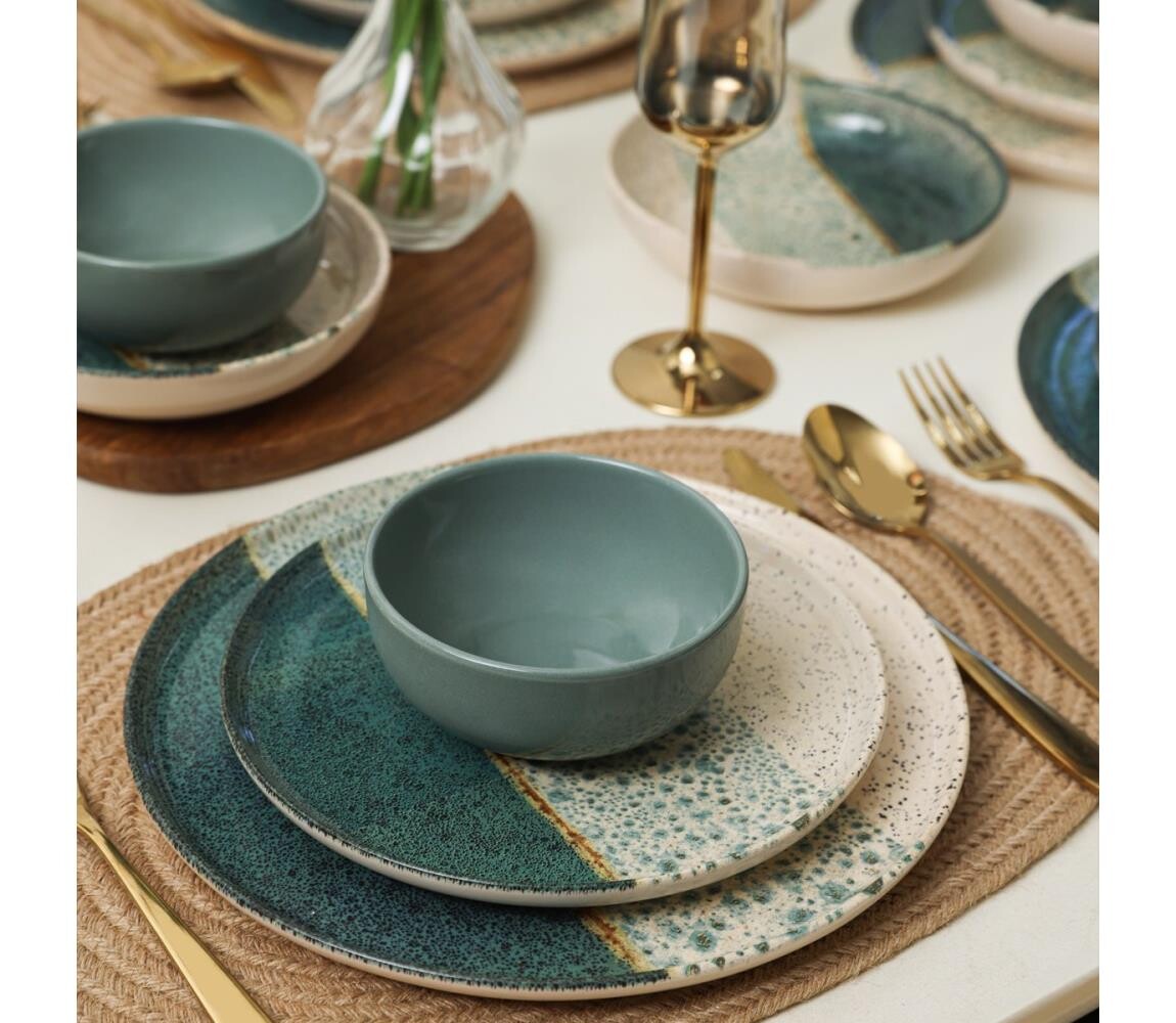 Jídelní sada 24 ks tyrkysová/krémová/kamenina 275KRM2413