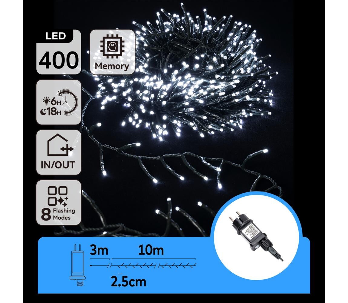 B.V.  - LED Venkovní vánoční řetěz 400xLED/8 funkcí 13m IP44 studená bílá B103031O4