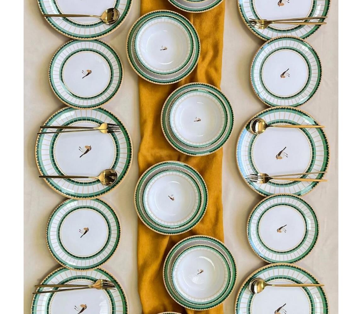 Jídelní sada 24 ks bílá/zelená/zlatá/keramika 759NRE1113