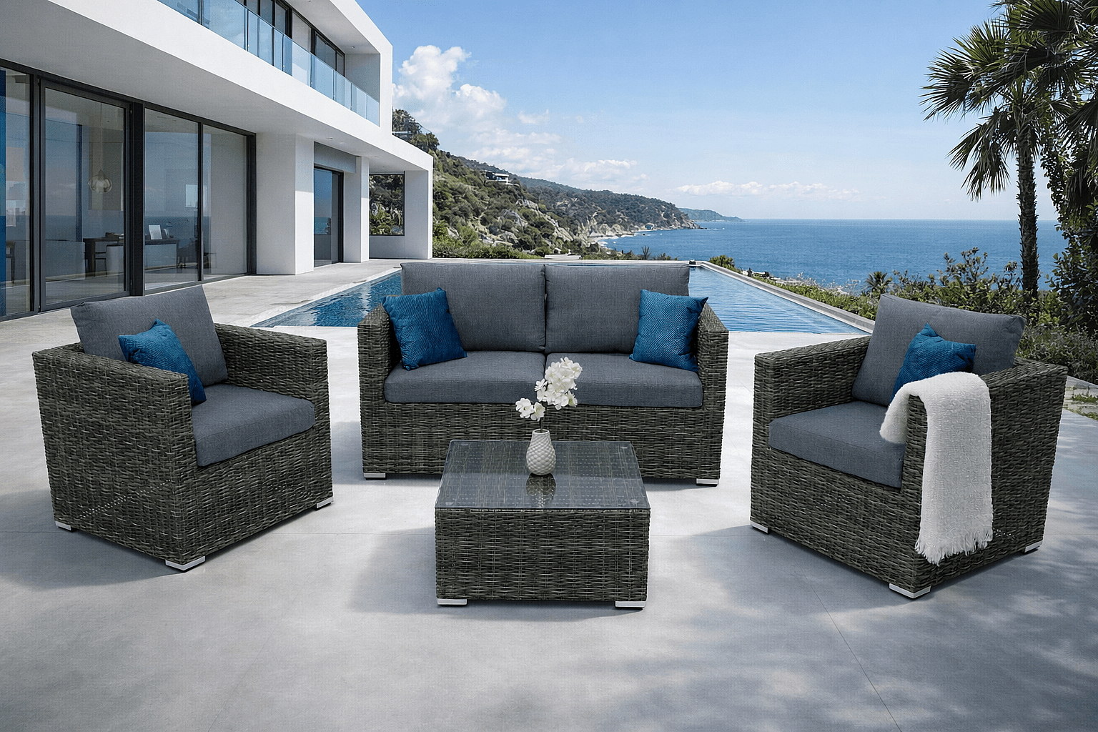 DEOKORK Ratanová variabilní sestava MALIBU pro 4 osoby (šedá)