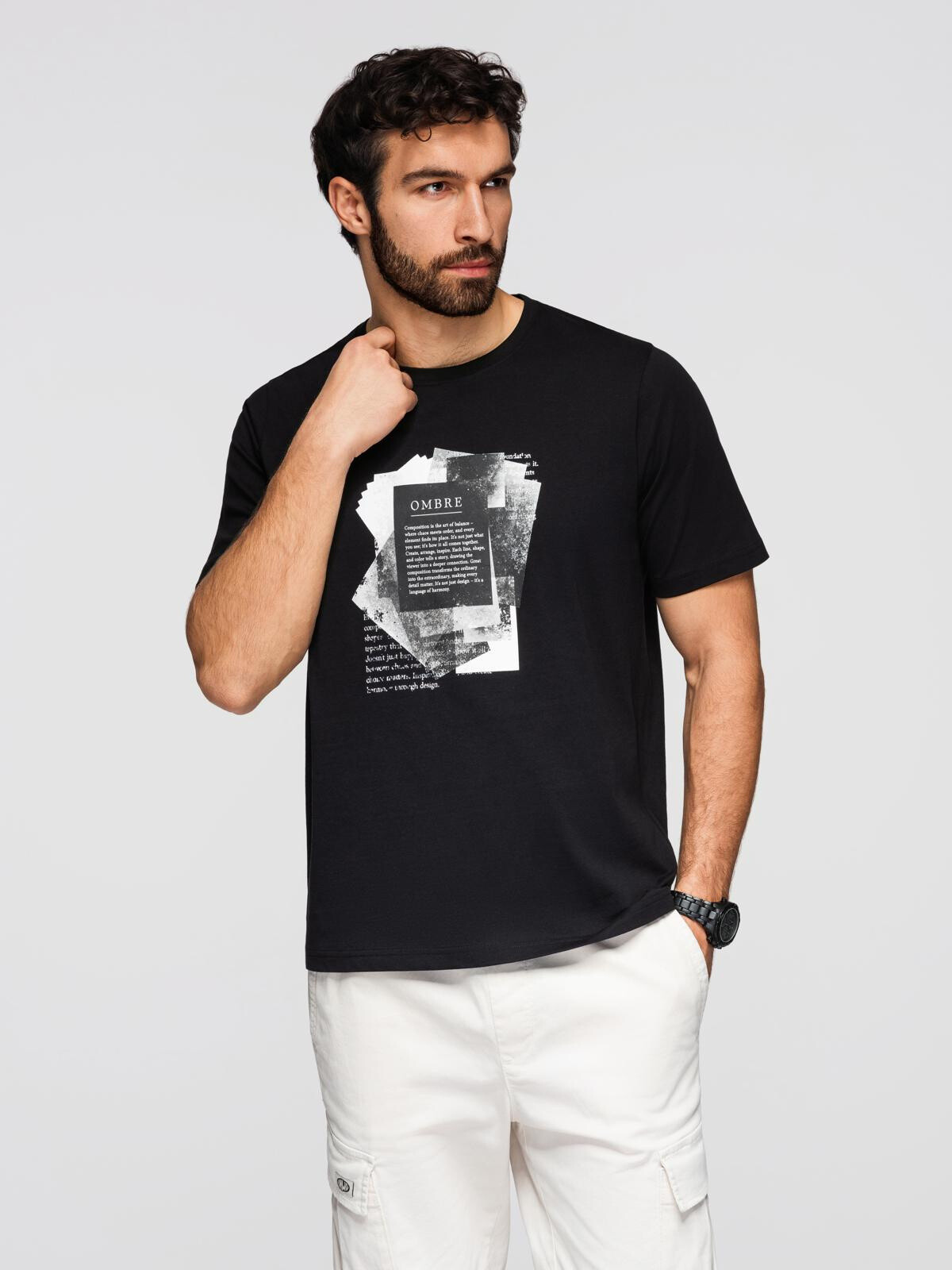 Ombre Men's cotton t-shirt with interesting print on chest - black