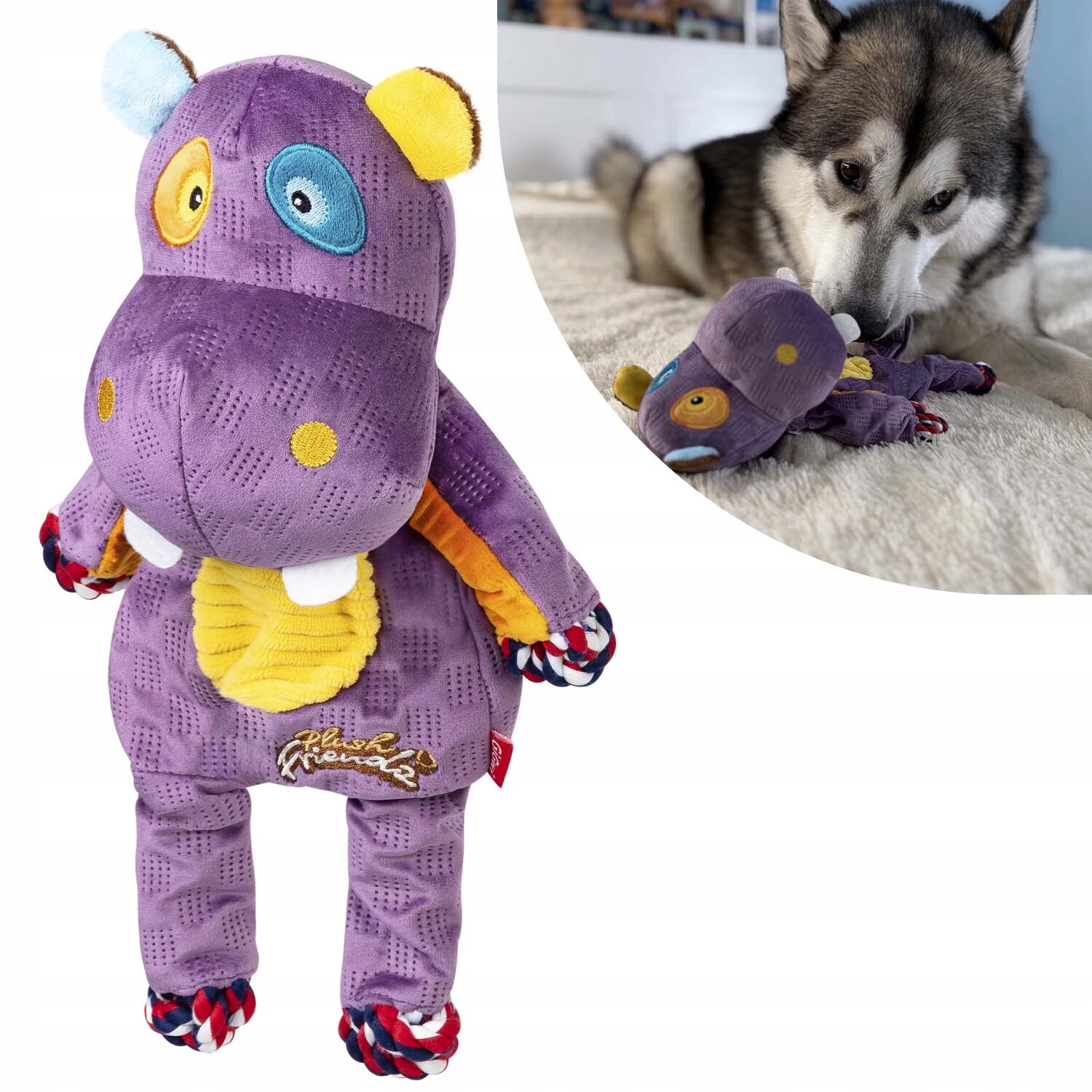 Hračka pro psy Hroch s textilními provázky a pískátkem, odolná, 34 cm