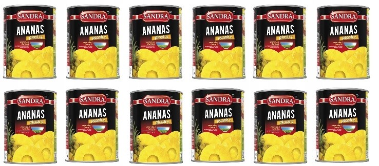 12 x 565 g Sandra ananasové plátky Polovičního Kartonu