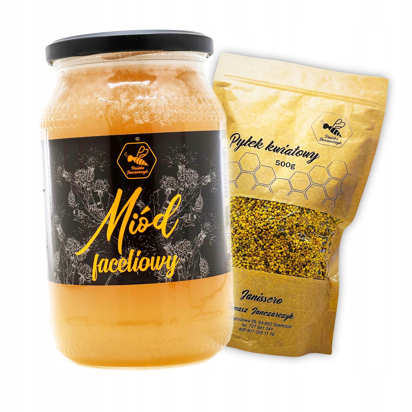 Faceliový med surový 1,2 kg Včelí pyl 0,5 kg doypack