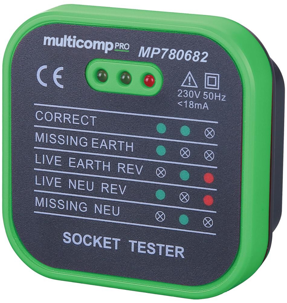 Multicomp Pro Mp780682 Mains Socket Tester, Uk Plug, 230V, 64G