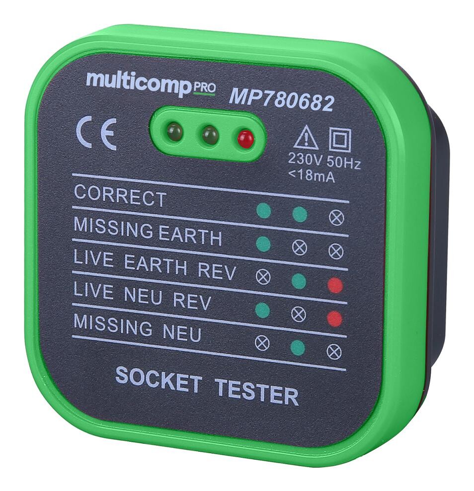 Multicomp Pro Mp780684 Mains Socket Tester, Eu Plug, 230V, 64G