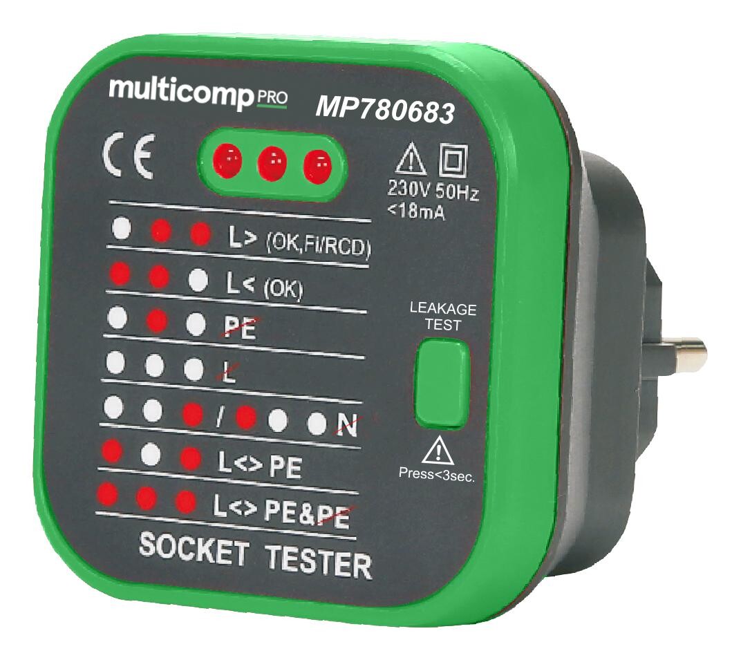 Multicomp Pro Mp780683 Mains Socket Tester W/rcd Test, Eu, 230V