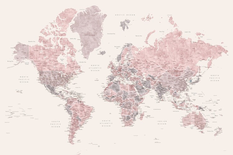 Blursbyai Plakát, Obraz - Detailed watercolor world map in dusty pink and cream, Madelia, Blursbyai, 40 × 26.7 cm