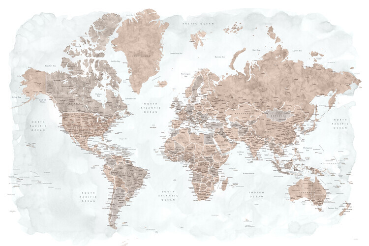 Blursbyai Plakát, Obraz - Neutrals and muted blue watercolor world map with cities, Calista, Blursbyai, 40 × 26.7 cm
