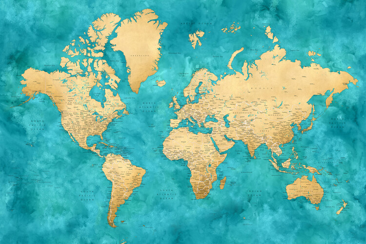 Blursbyai Plakát, Obraz - Detailed world map with cities in gold and teal watercolor, Lexy, Blursbyai, 40 × 26.7 cm