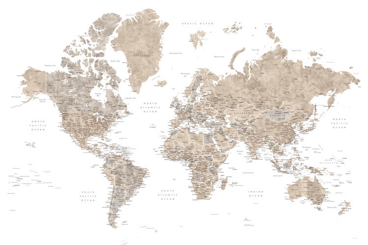Blursbyai Plakát, Obraz - Neutral watercolor detailed world map with cities, Abey, Blursbyai, 40 × 26.7 cm