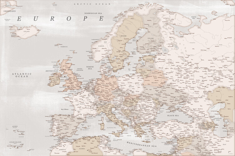 Blursbyai Plakát, Obraz - Detailed map of Europe in rustic style, Blursbyai, 40 × 26.7 cm