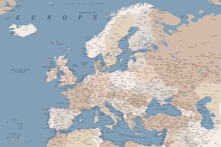 Blursbyai Plakát, Obraz - Detailed map of Europe in blue and taupe, Blursbyai, 40 × 26.7 cm