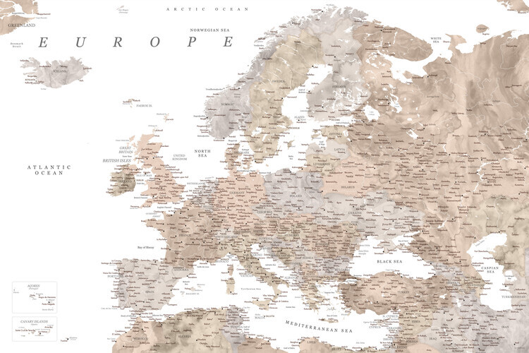 Blursbyai Plakát, Obraz - Detailed map of Europe in neutral watercolor, Blursbyai, 40 × 26.7 cm