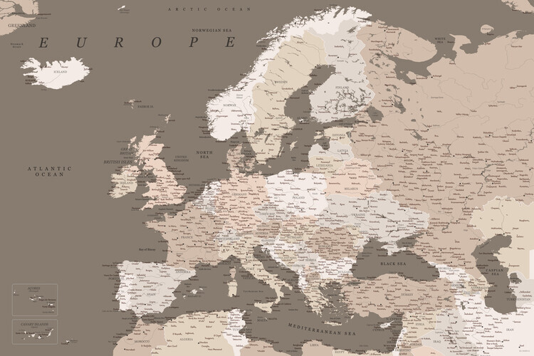Blursbyai Plakát, Obraz - Detailed map of Europe in earth tones, Blursbyai, 40 × 26.7 cm