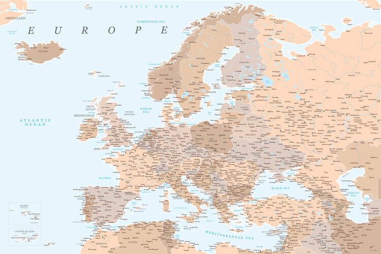 Blursbyai Plakát, Obraz - Light brown and blue detailed map of Europe, Blursbyai, 40 × 26.7 cm