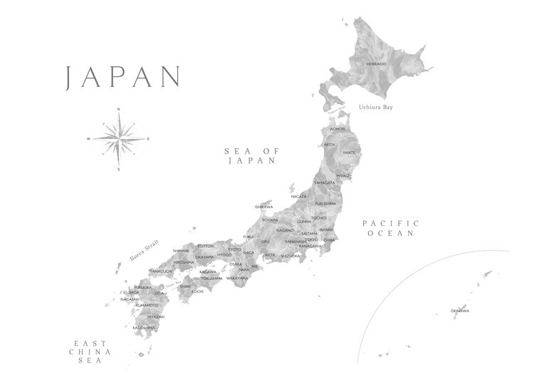 Blursbyai Plakát, Obraz - Map of Japan in gray watercolor, Blursbyai, 40 × 26.7 cm