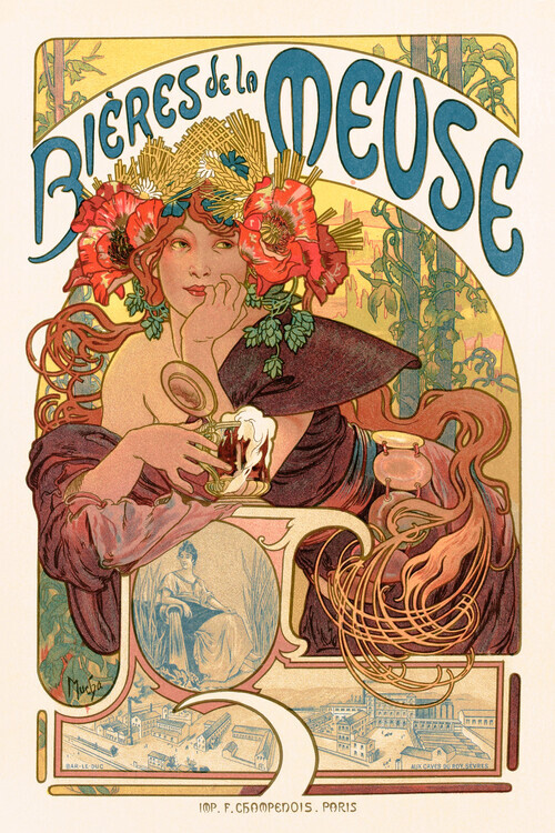 Alfons Mucha Plakát, Obraz - Bières De La Meuse, Alfons Mucha, 26.7 × 40 cm