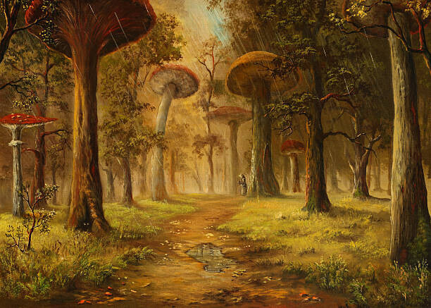 Pobytov Plakát, Obraz - Oil Painting of Mushroom Forest During Rain, Pobytov, 40 × 30 cm
