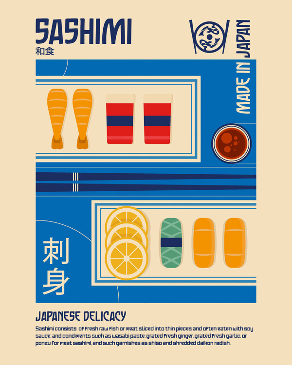 Retrodrome Plakát, Obraz - Sashimi Japanese Food Print, Retrodrome, 30 × 40 cm