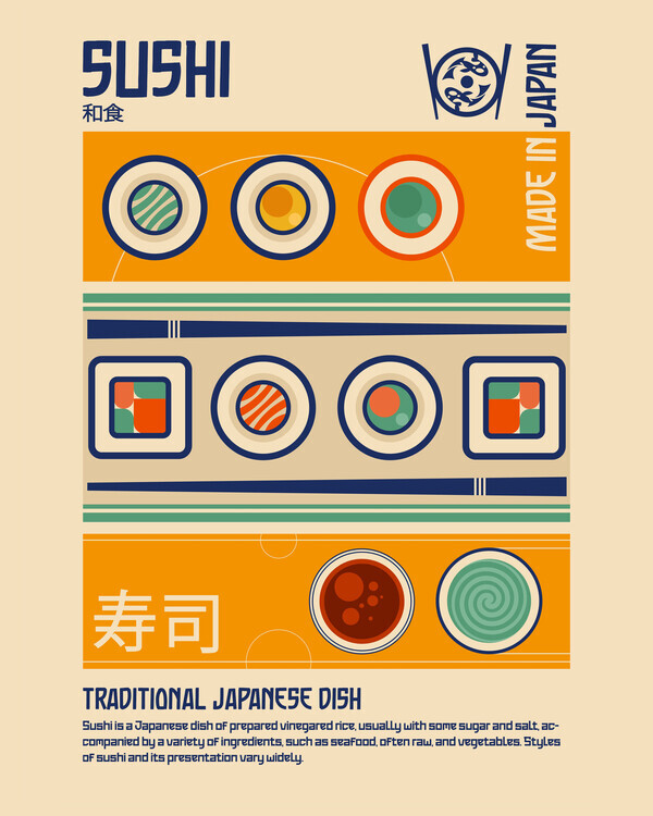 Retrodrome Plakát, Obraz - Sushi Japanese Food Print, Retrodrome, 30 × 40 cm