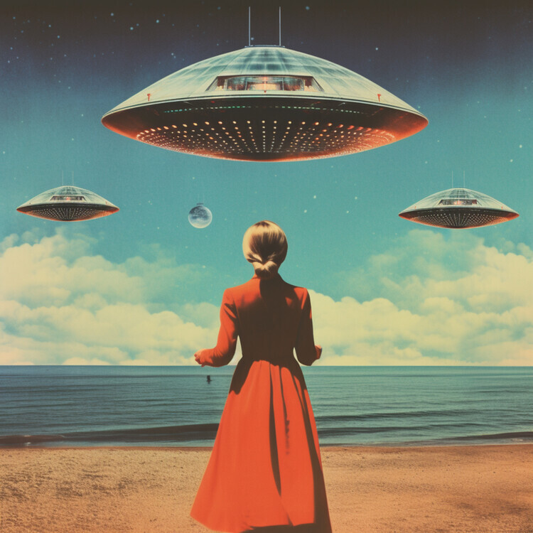 Samantha Hearn Plakát, Obraz - UFO Skies Collage Art, Samantha Hearn, 40 × 40 cm