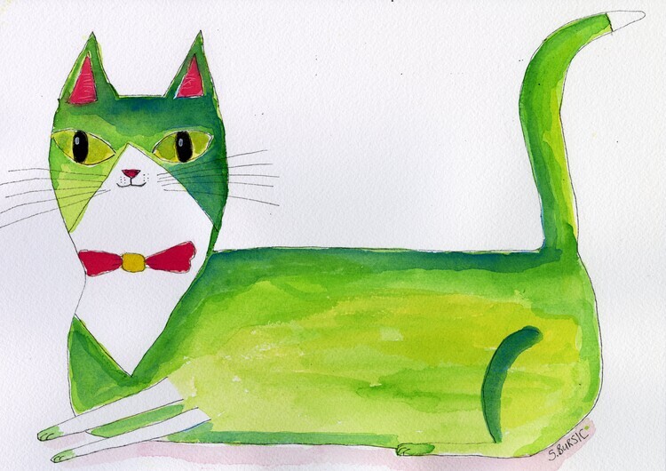 Sharyn Bursic Plakát, Obraz - The green cat, Sharyn Bursic, 40 × 30 cm