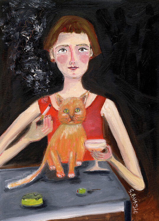 Sharyn Bursic Plakát, Obraz - Vintage woman with cocktail and cat, Sharyn Bursic, 30 × 40 cm