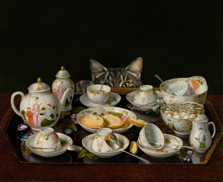 Marja van den Plakát, Obraz - A Tea Set With A Cat, Marja van den, 40 × 30 cm