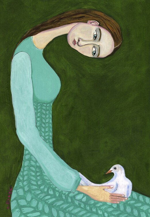 Sharyn Bursic Plakát, Obraz - Lady sitting with white dove bird woman, Sharyn Bursic, 26.7 × 40 cm