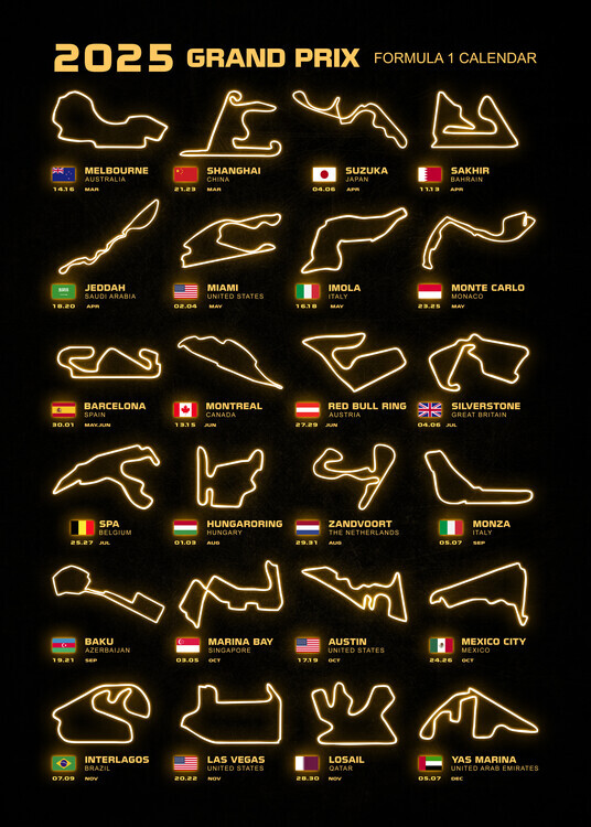 autor Plakát, Obraz - Formula 1 Season Calendar 2025, 30 × 40 cm