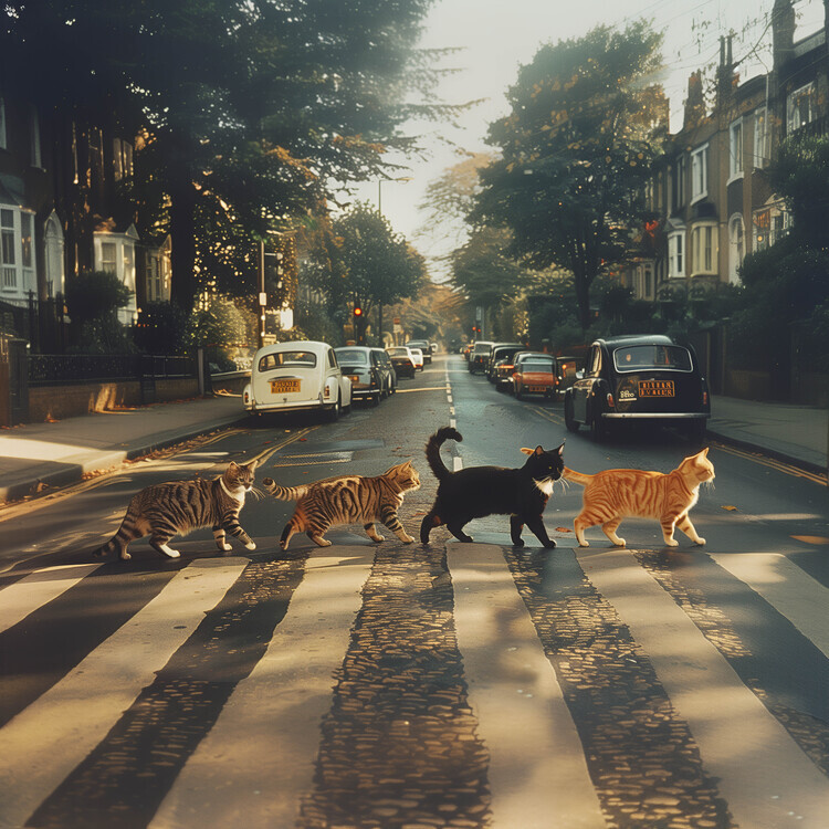 autor Plakát, Obraz - Abbey Road Cats, 40 × 40 cm