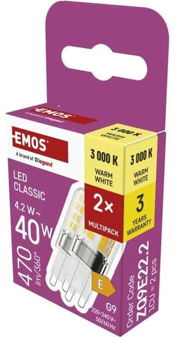Emos LED žárovka Classic JC / G9 / 4,2 W (40 W) / 470 lm / teplá bílá / 2 ks