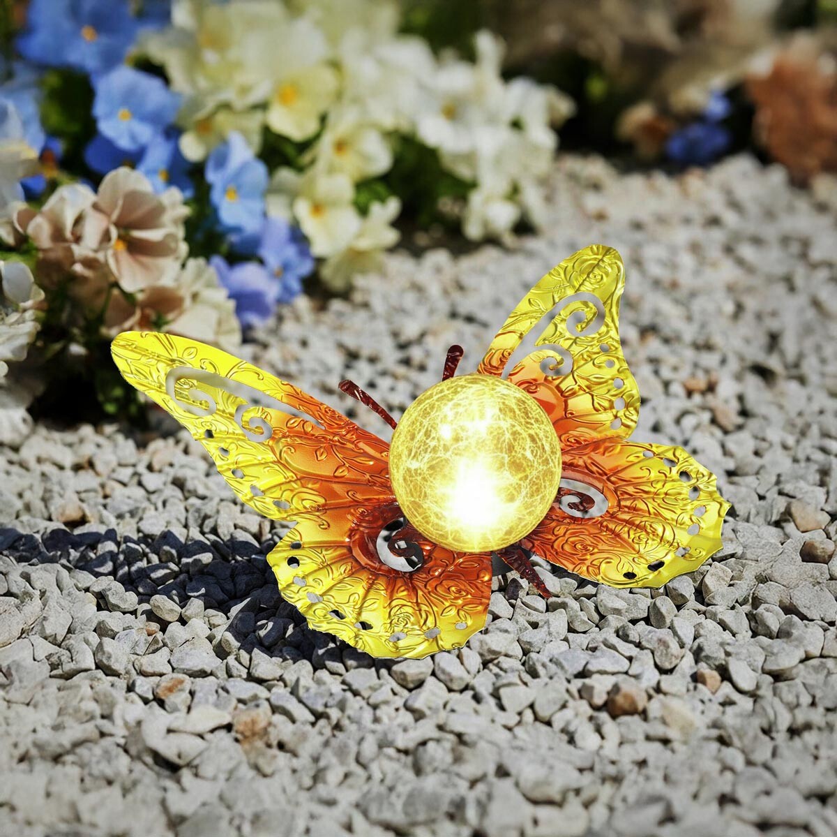 LED Solární dekoracce Motýl, oranžově-zlatá barva