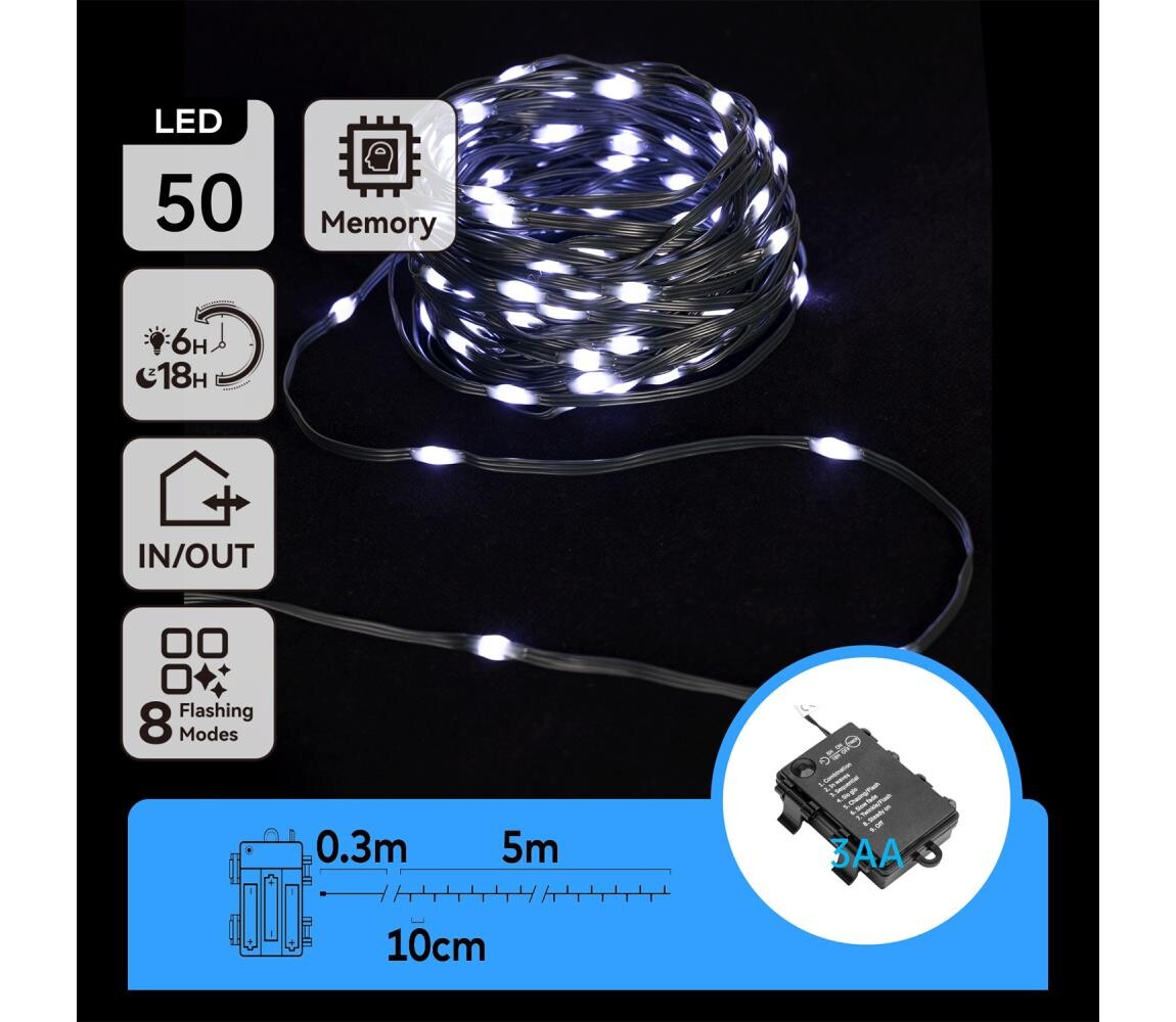 B.V.  -LED Venkovní vánoční řetěz 50xLED/8 funkcí 3xAA 5,3m IP44 studená bílá B10303K1L