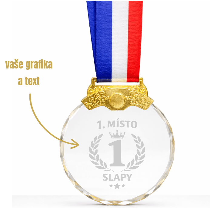 Dekorant Zlatá skleněná medaile s pískováním vlatního textu nebo motivu 1KS