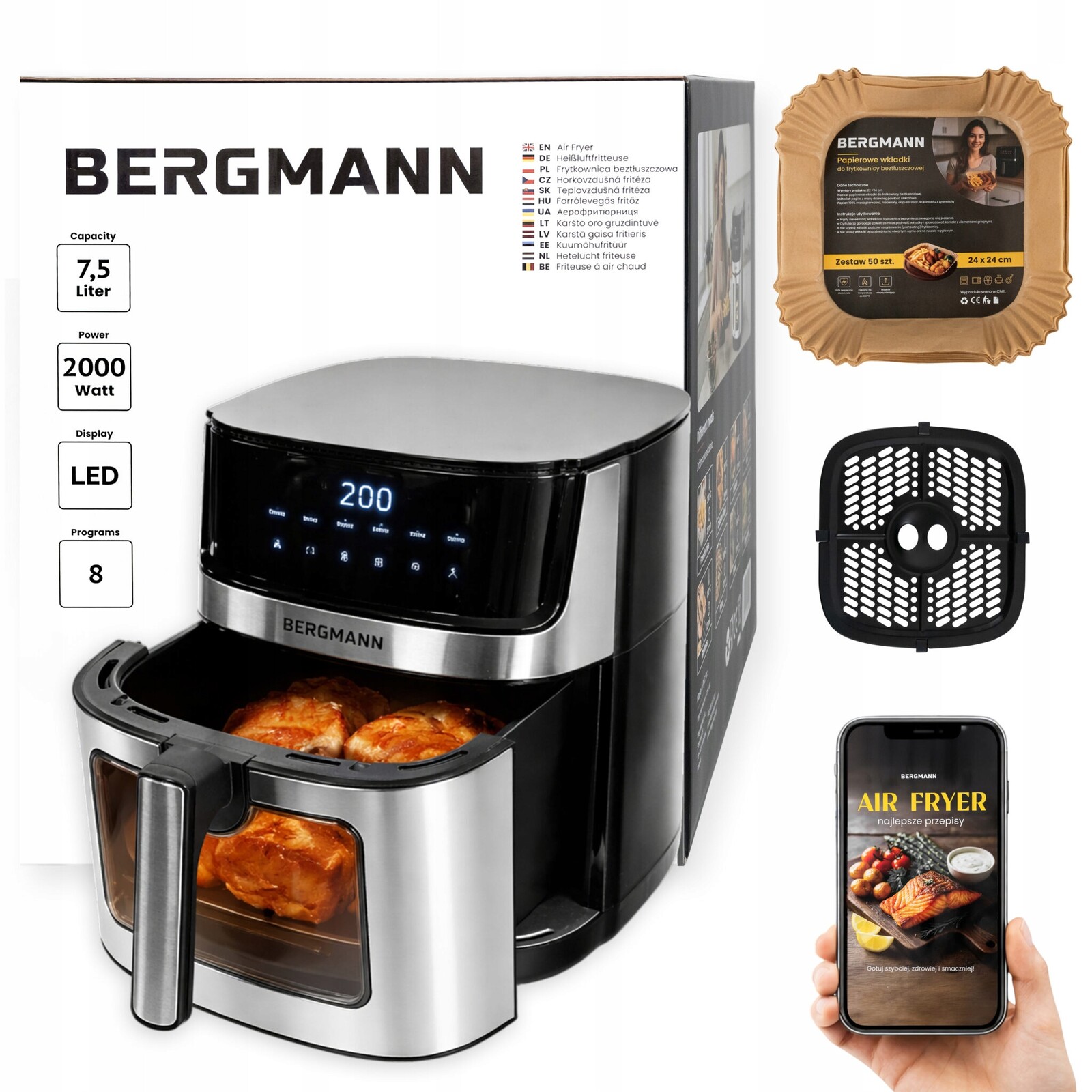 Fritéza bez tuku 7,5L Air Fryer Bergmann 2000W 8 Programů
