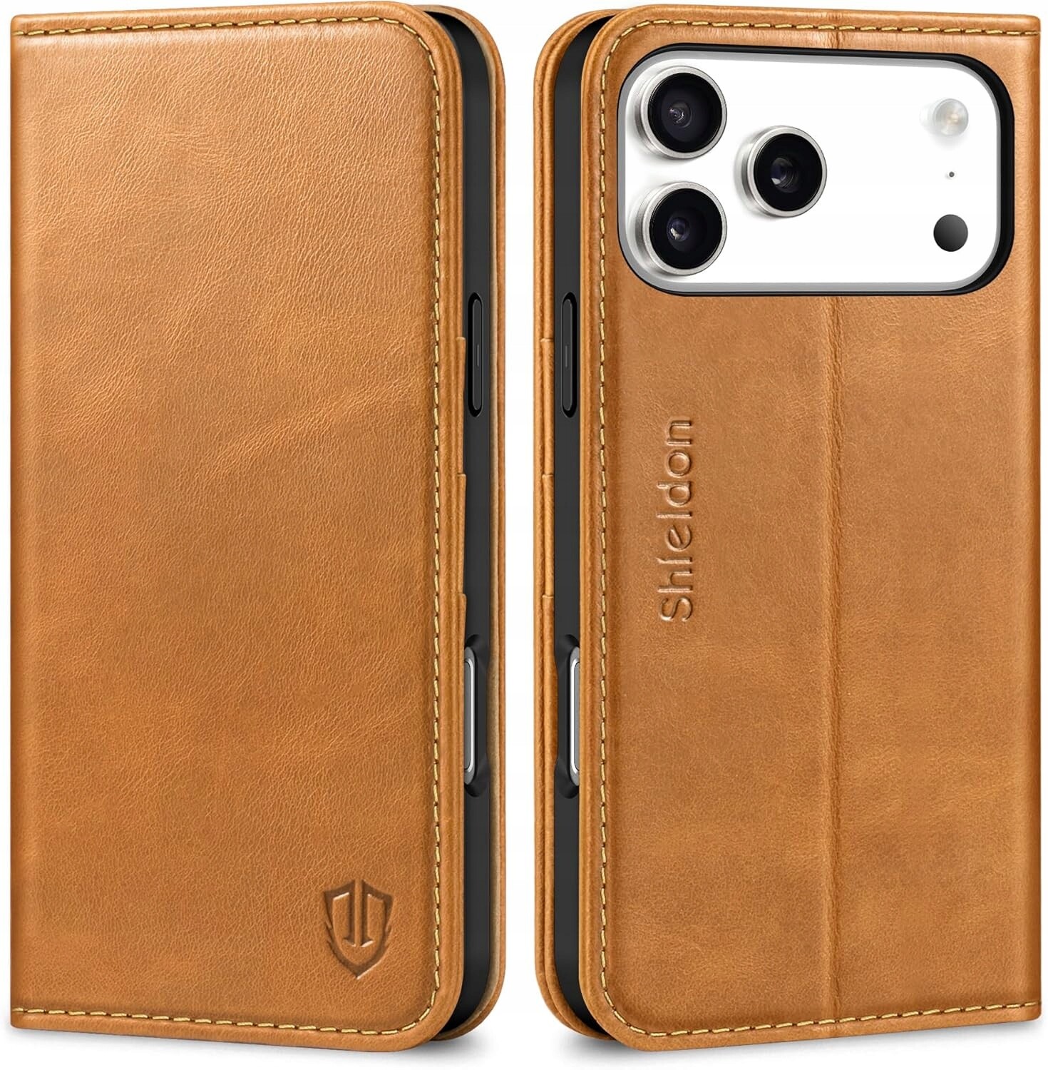 Flipové pouzdro Shieldon Pravá Kůže pro Apple iPhone 17 Pro Max, hnědé
