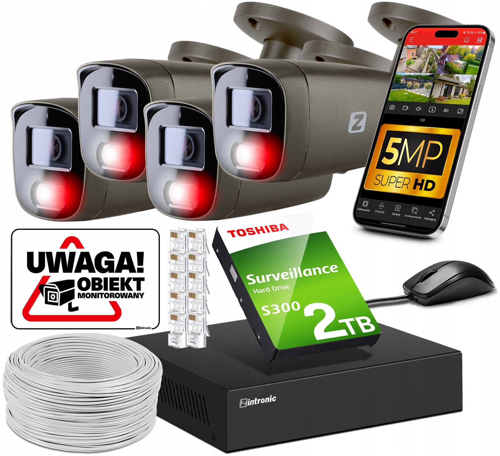 Sada Kamer Pro Monitorování 5MPX Ip Poe 4 Kamery Šedá 2 Tb Detekce Lidí