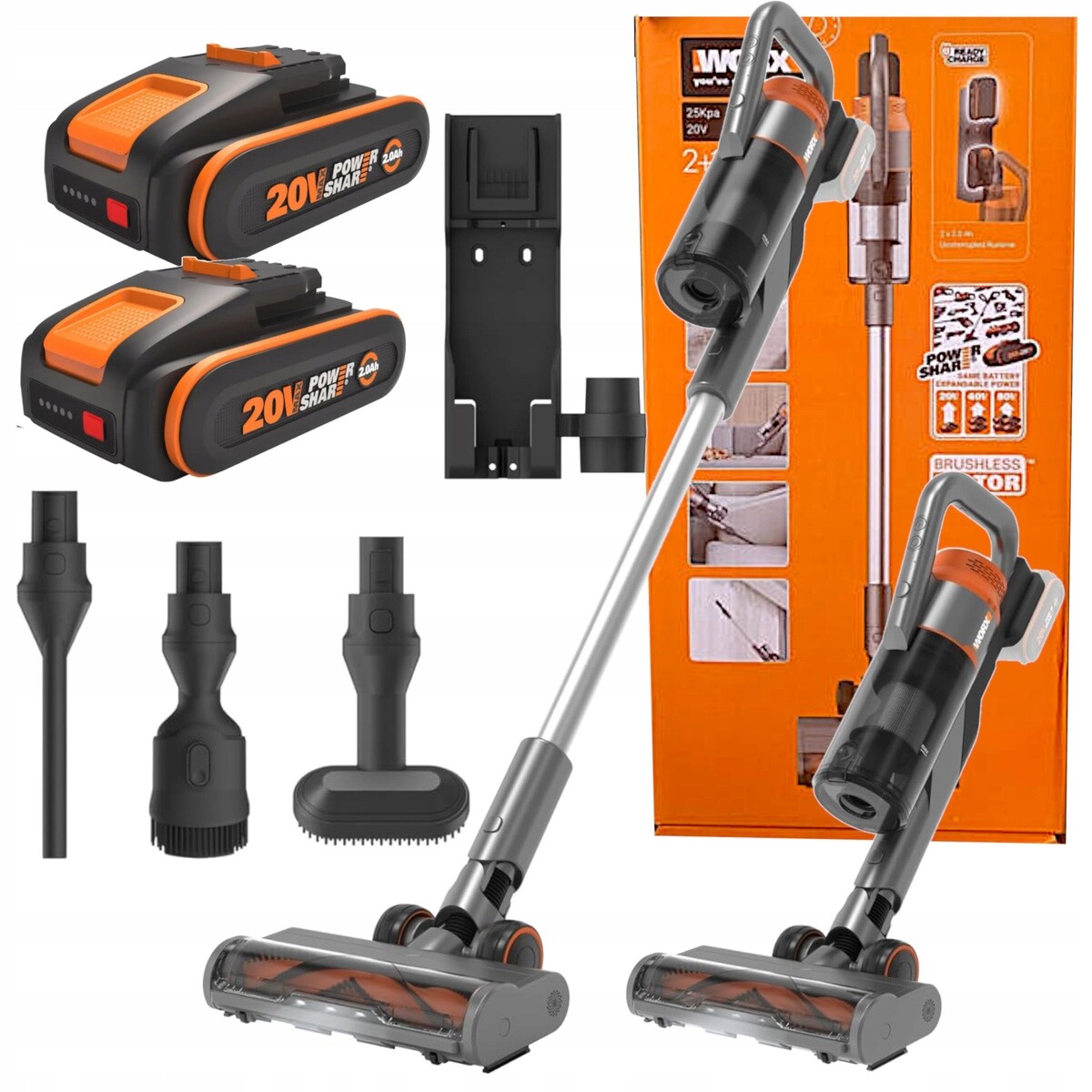 Bezdrátový Tyčový Vysavač 20V 4v1 2x2,0Ah 0,5L Nabíječka Worx WX038