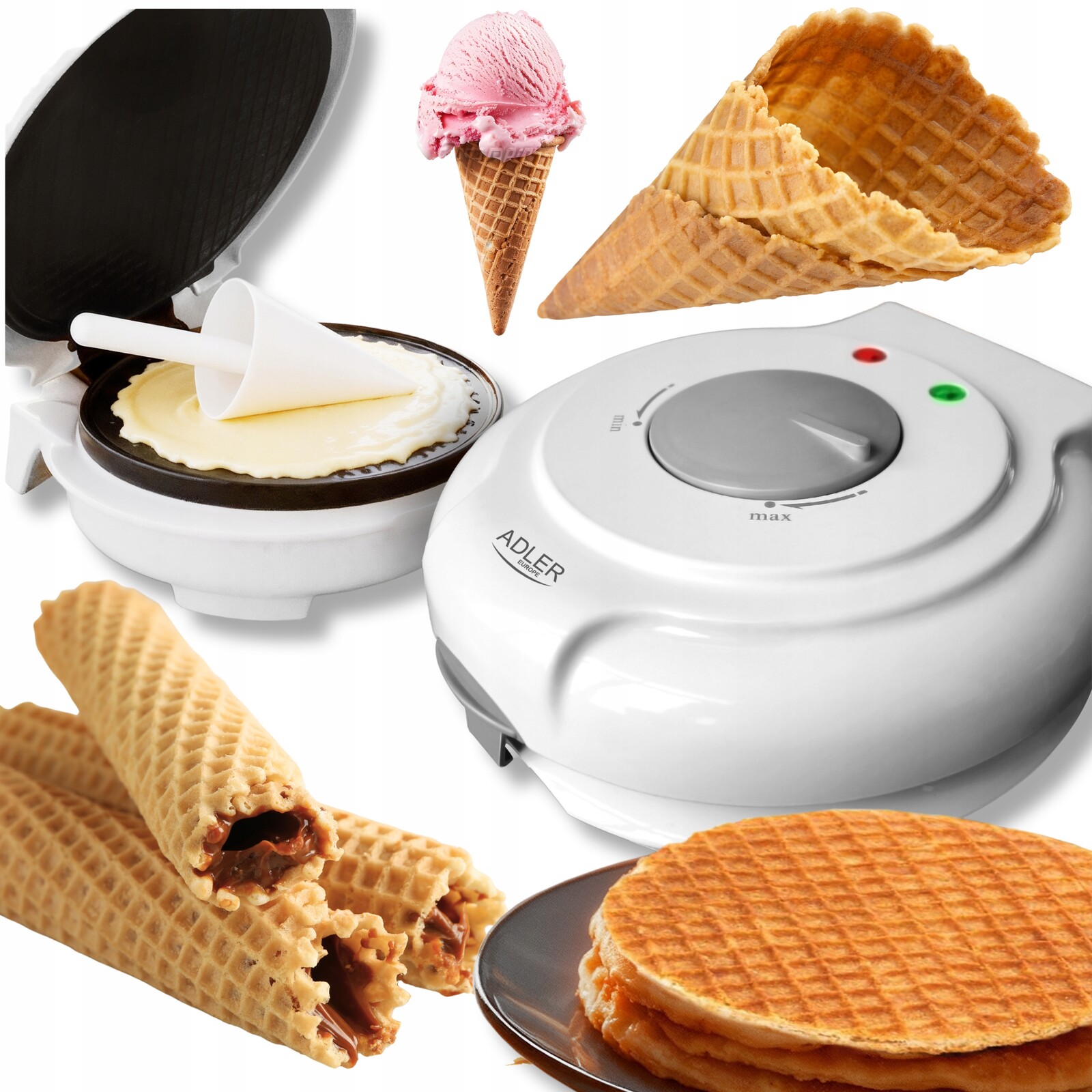 Pekárna na vafle, trubičky, misky, nepřilnavé desky, výkonná, 1500 W